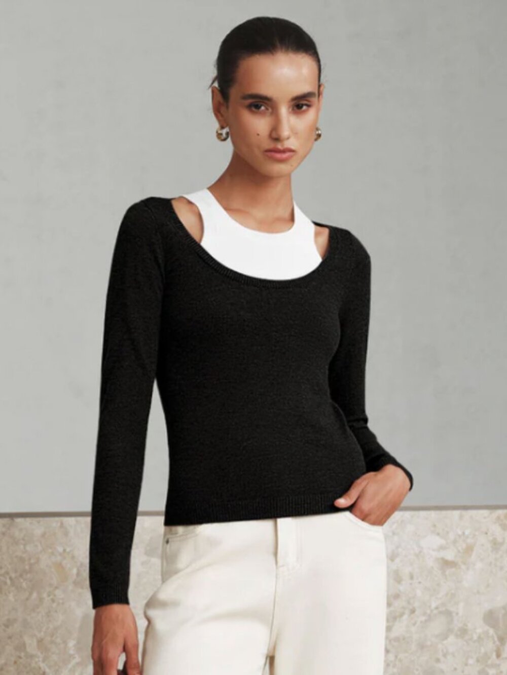 COMMENSE Layered Knit Sweater Top XS 2-in-1 Wool Blend NWT